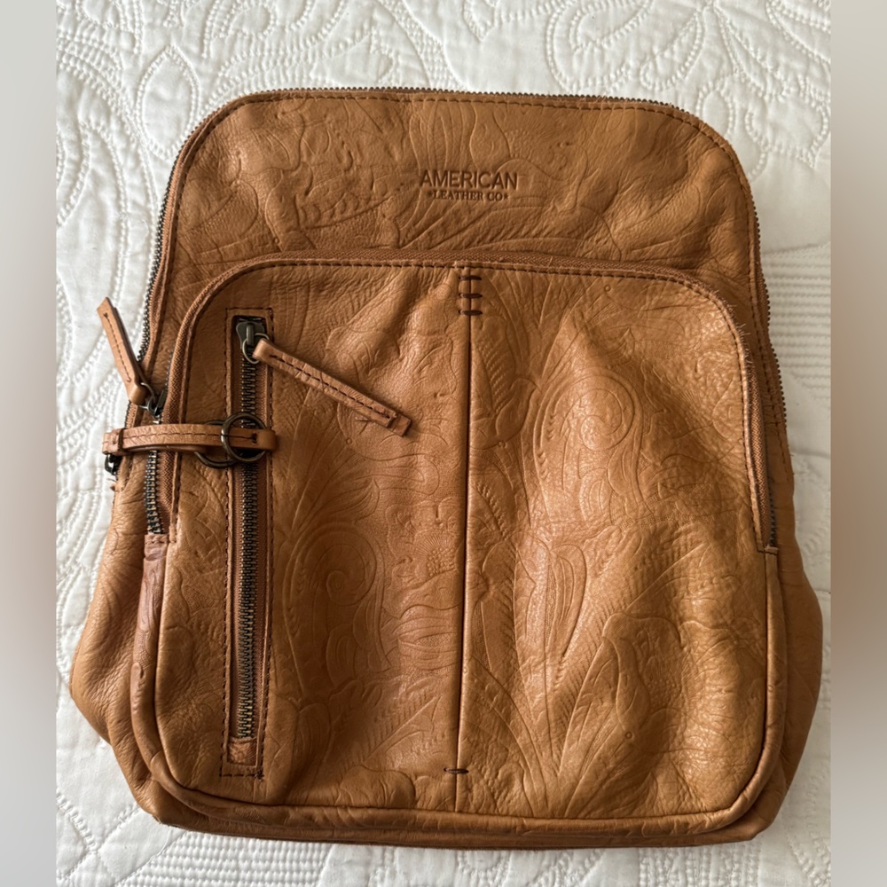 American Leather Co embossed leather backpack - Picture 2 of 11